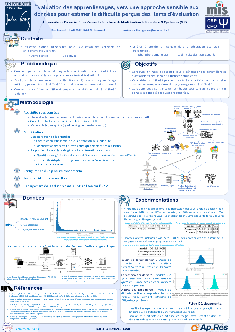 miniature du poster « Évaluation des apprentissages, vers une approche sensible aux données pour estimer la difficulté perçue des items d'évaluation »